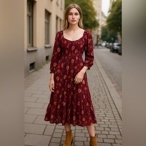 Chic Long Sleeve Floral Dress in Burgundy
